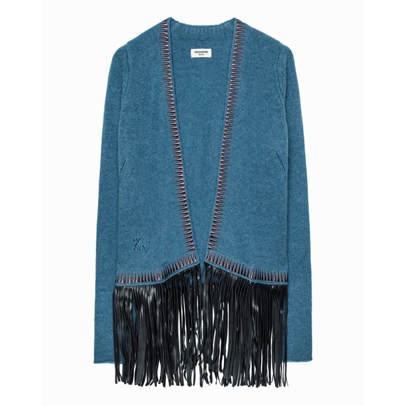 Zadig & Voltaire Marla Cashmere/ Leather Fringe Cardigan Boho Rock - Picture 9 of 15